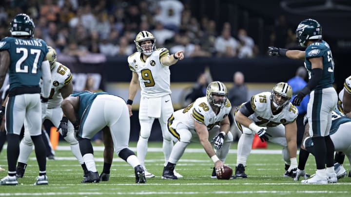 NEW ORLEANS, LA – NOVEMBER 18: Drew Brees #9 of the New Orleans Saints calls a play at the line of scrimmage during a game against the Philadelphia Eagles at Mercedes-Benz Superdome on November 18, 2018 in New Orleans, Louisiana. The Saints defeated the Eagles 48-7. (Photo by Wesley Hitt/Getty Images)