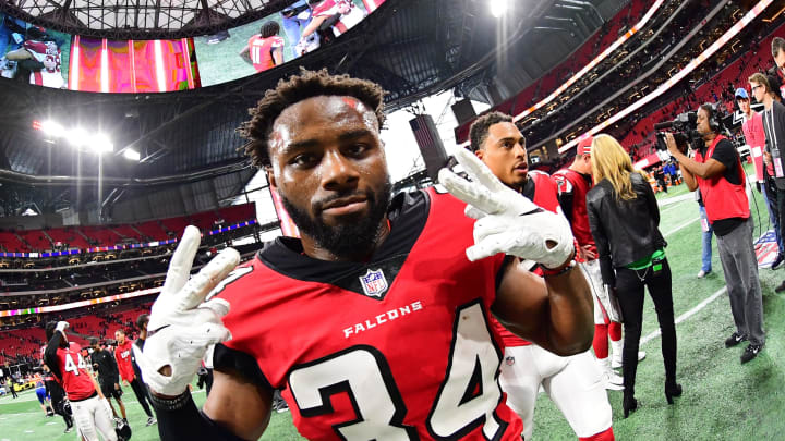 ATLANTA, GA – DECEMBER 16: Brian Poole #34 of the Atlanta Falcons celebrates after the game against the Arizona Cardinals at Mercedes-Benz Stadium on December 16, 2018 in Atlanta, Georgia. (Photo by Scott Cunningham/Getty Images)