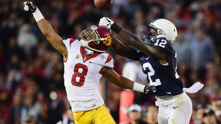 PASADENA, CA – JANUARY 02: Wide receiver Chris Godwin #12 of the Penn State Nittany Lions makes a 72-yard touchdown reception against defensive back Iman Marshall #8 of the USC Trojans in the third quarter of the 2017 Rose Bowl Game presented by Northwestern Mutual at the Rose Bowl on January 2, 2017 in Pasadena, California. (Photo by Harry How/Getty Images)