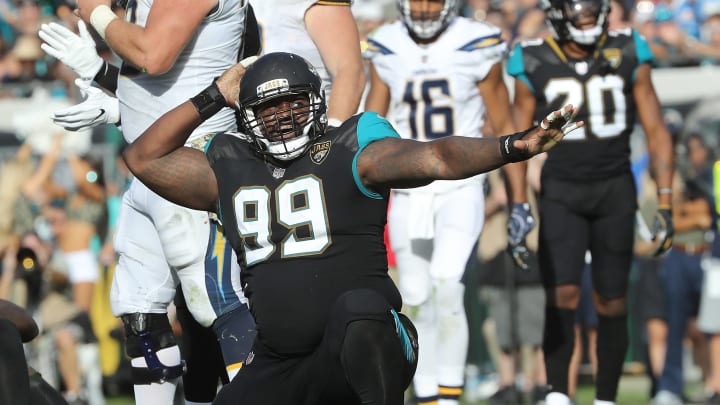 JACKSONVILLE, FL – NOVEMBER 12: Marcell Dareus No. 99 of the Jacksonville Jaguars celebrates a play in the second half of their game against the Los Angeles Chargers at EverBank Field on November 12, 2017 in Jacksonville, Florida. (Photo by Sam Greenwood/Getty Images)