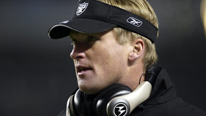 30 Dec 2001: Head coach Jon Gruden of the Oakland Raiders during the game against the Denver Broncos at Invesco Field at Mile High Stadium in Denver, Colorado. The Broncos won 23-17. DIGITAL IMAGE. Mandatory Credit: Brian Bahr/Getty Images