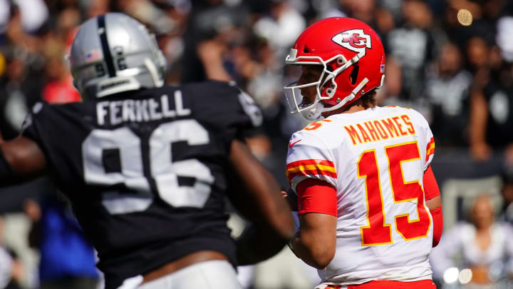 OAKLAND, CALIFORNIA – SEPTEMBER 15: Patrick Mahomes #15 of the Kansas City Chiefs drops back to pass during the second quarter against the Kansas City Chiefs at RingCentral Coliseum on September 15, 2019 in Oakland, California. (Photo by Daniel Shirey/Getty Images)