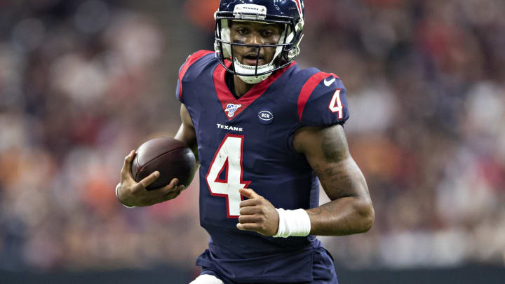 HOUSTON, TX – OCTOBER 27: Quarterback Deshaun Watson #4 of the Houston Texans runs the ball during a game against the Oakland Raiders at NRG Stadium on October 27, 2019 in Houston, Texas. The Texans defeated the Raiders 27-24. (Photo by Wesley Hitt/Getty Images)