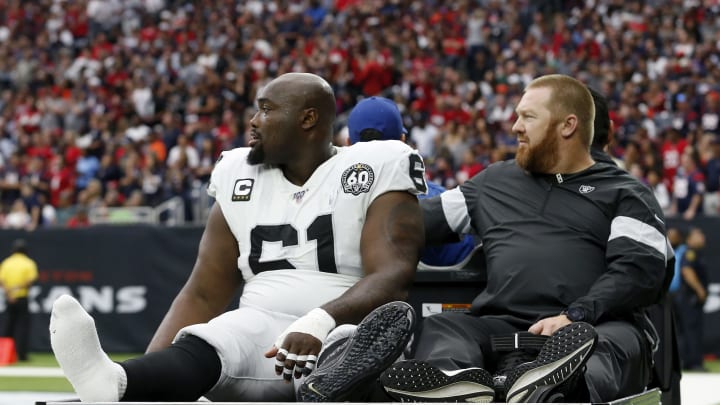 HOUSTON, TX – OCTOBER 27: Rodney Hudson #61 of the Oakland Raiders is carted off the field in the first half against the Houston Texans at NRG Stadium on October 27, 2019 in Houston, Texas. (Photo by Tim Warner/Getty Images)