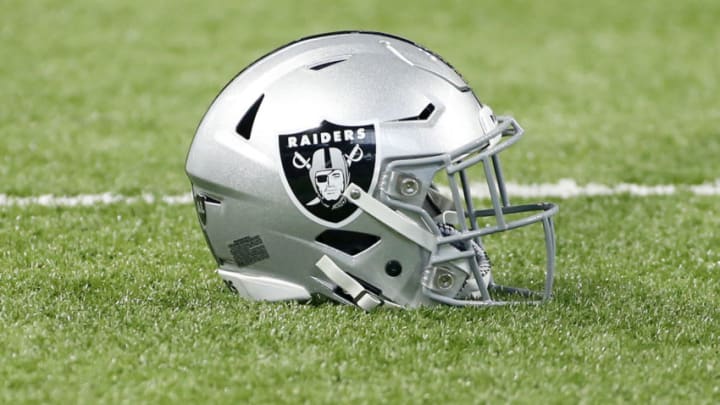 INDIANAPOLIS, INDIANA - SEPTEMBER 29: An Oakland Raiders helmet on the field before the game against the Indianapolis Colts at Lucas Oil Stadium on September 29, 2019 in Indianapolis, Indiana. (Photo by Justin Casterline/Getty Images)