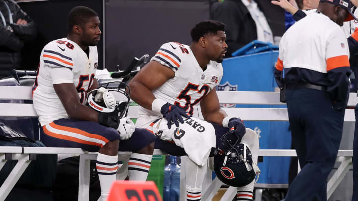 LONDON, ENGLAND – OCTOBER 06: Khalil Mack of Chicago Bears is seen sitting on the bench during the game between Chicago Bears and Oakland Raiders at Tottenham Hotspur Stadium on October 06, 2019 in London, England. (Photo by Naomi Baker/Getty Images)