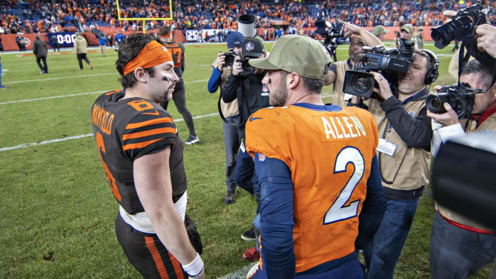 DENVER, CO – NOVEMBER 3: Brandon Allen #2 of the Denver Broncos talks after the game with Baker Mayfield #6 of the Cleveland Browns at Broncos Stadium at Mile High on November 3, 2019 in Denver, Colorado. The Broncos defeated the Browns 24-19. (Photo by Wesley Hitt/Getty Images)