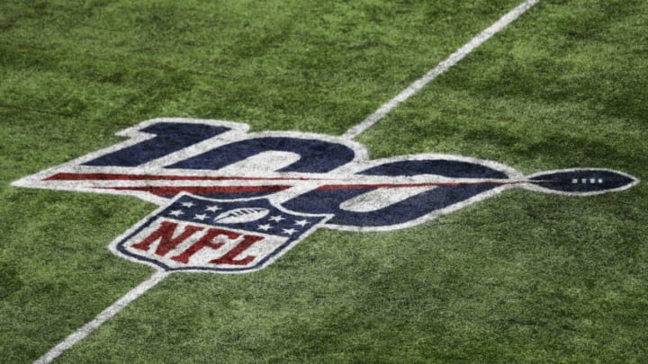 LONDON, ENGLAND - OCTOBER 13: General view inside the stadium of the 100 years of NFL logo on the field during the NFL game between Carolina Panthers and Tampa Bay Buccaneers at Tottenham Hotspur Stadium on October 13, 2019 in London, England. (Photo by Naomi Baker/Getty Images)