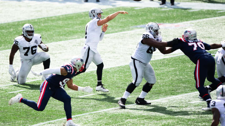 Derek Carr against the New England Patriots (Photo by Kathryn Riley/Getty Images)