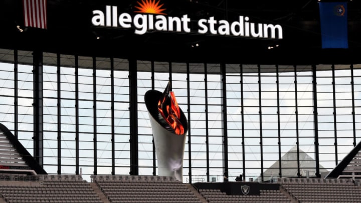 LAS VEGAS, NEVADA - SEPTEMBER 21: The 95-foot-tall Al Davis Memorial Torch is shown behind empty stands after it was turned on during an NFL game between the New Orleans Saints and the Las Vegas Raiders at Allegiant Stadium on September 21, 2020 in Las Vegas, Nevada. The Raiders defeated the Saints 34-24. (Photo by Ethan Miller/Getty Images)