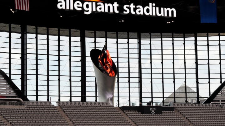 LAS VEGAS, NEVADA – SEPTEMBER 21: The 95-foot-tall Al Davis Memorial Torch is shown behind empty stands after it was turned on during an NFL game between the New Orleans Saints and the Las Vegas Raiders at Allegiant Stadium on September 21, 2020, in Las Vegas, Nevada. The Raiders defeated the Saints 34-24. (Photo by Ethan Miller/Getty Images)