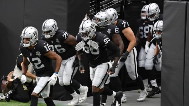 LAS VEGAS, NEVADA - OCTOBER 04: Wide receiver Zay Jones #12 and the Las Vegas Raiders run onto the field before the NFL game against the Buffalo Bills at Allegiant Stadium on October 4, 2020 in Las Vegas, Nevada. The Bills defeated the Raiders 30-23. (Photo by Ethan Miller/Getty Images)