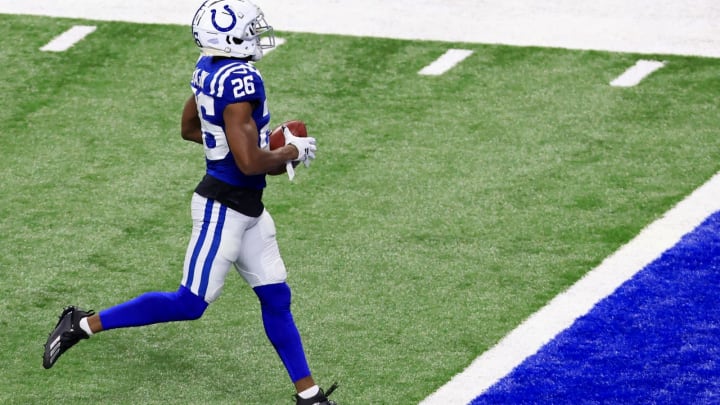 INDIANAPOLIS, INDIANA – NOVEMBER 22: Rock Ya-Sin #26 of the Indianapolis Colts intercepts a pass in the game against the Green Bay Packers at Lucas Oil Stadium on November 22, 2020, in Indianapolis, Indiana. (Photo by Justin Casterline/Getty Images)