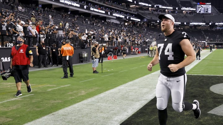 LAS VEGAS, NEVADA – AUGUST 14: Offensive tackle Kolton Miller #74 of the Las Vegas Raiders runs off the field after the team’s 20-7 victory over the Seattle Seahawks during a preseason game at Allegiant Stadium on August 14, 2021, in Las Vegas, Nevada. The Raiders defeated the Seahawks 20-7. (Photo by Ethan Miller/Getty Images)