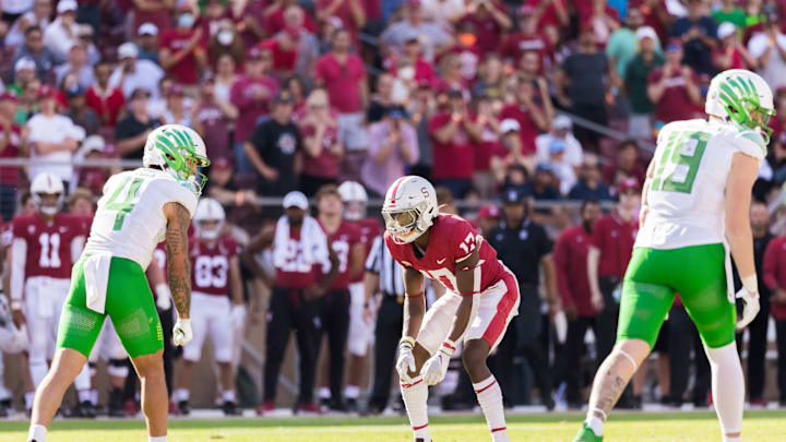 PALO ALTO, CA – OCTOBER 2: Kyu Blu Kelly #17 plays defense against Mycah Pittman #4 of the Oregon Ducks during an NCAA Pac-12 college football game on October 2, 2021 at Stanford Stadium in Palo Alto, California. (Photo by David Madison/Getty Images)