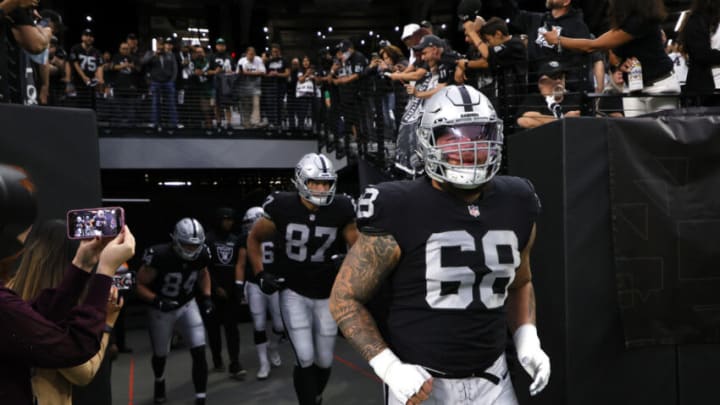 LAS VEGAS, NEVADA - OCTOBER 24: Andre James #68 of the Las Vegas Raiders takes to the field before the game against the Philadelphia Eagles at Allegiant Stadium on October 24, 2021 in Las Vegas, Nevada. (Photo by Ethan Miller/Getty Images)