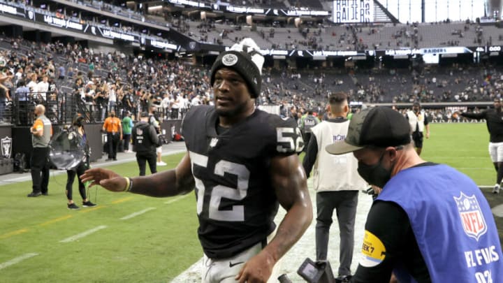 LAS VEGAS, NEVADA - OCTOBER 24: Inside linebacker Denzel Perryman #52 of the Las Vegas Raiders walks off the field after the team's 33-22 victory over the Philadelphia Eagles at Allegiant Stadium on October 24, 2021 in Las Vegas, Nevada. (Photo by Ethan Miller/Getty Images)