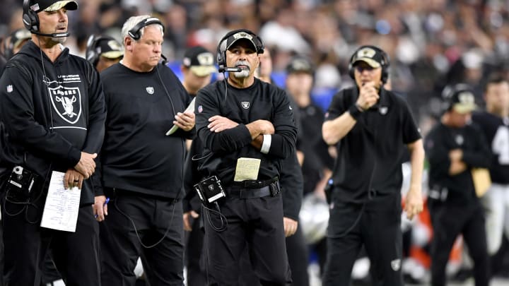 LAS VEGAS, NEVADA – NOVEMBER 21: Head coach Rich Bisaccia of the Las Vegas Raiders looks on during the fourth quarter in the game against the Cincinnati Bengals at Allegiant Stadium on November 21, 2021, in Las Vegas, Nevada. (Photo by Chris Unger/Getty Images)