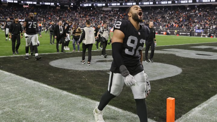 LAS VEGAS, NEVADA – DECEMBER 26: Solomon Thomas #92 of the Las Vegas Raiders celebrates after the win against the Denver Broncos at Allegiant Stadium on December 26, 2021, in Las Vegas, Nevada. (Photo by Ethan Miller/Getty Images)