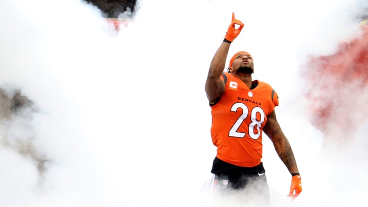 CINCINNATI, OHIO – JANUARY 02: Joe Mixon #28 of the Cincinnati Bengals is introduced before the game against the Kansas City Chiefs at Paul Brown Stadium on January 02, 2022 in Cincinnati, Ohio. (Photo by Andy Lyons/Getty Images)