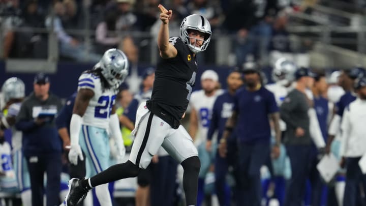 ARLINGTON, TEXAS – NOVEMBER 25: Derek Carr #4 of the Las Vegas Raiders celebrates after the run against the Dallas Cowboys during an NFL game at AT&T Stadium on November 25, 2021, in Arlington, Texas. (Photo by Cooper Neill/Getty Images)