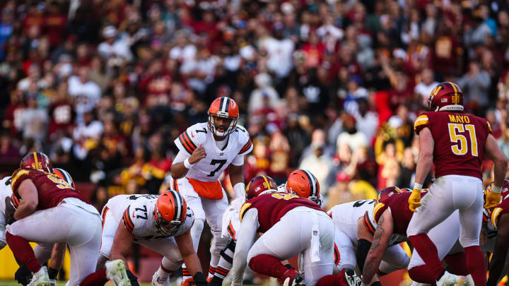 LANDOVER, MD – JANUARY 01: Jacoby Brissett #7 of the Cleveland Browns looks over the defense before a play against the Washington Commanders during the second half of the game at FedExField on January 1, 2023 in Landover, Maryland. (Photo by Scott Taetsch/Getty Images)