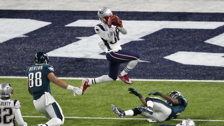 MINNEAPOLIS, MN – FEBRUARY 04: Duron Harmon #30 of the New England Patriots intercepts a pass during the game against the Philadelphia Eagles in Super Bowl LII at U.S. Bank Stadium on February 4, 2018, in Minneapolis, Minnesota. (Photo by Michael Zagaris/Getty Images)