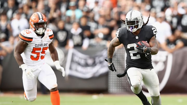 OAKLAND, CA – SEPTEMBER 30: Marshawn Lynch #24 of the Oakland Raiders outruns Genard Avery #55 of the Cleveland Browns at Oakland-Alameda County Coliseum on September 30, 2018 in Oakland, California. (Photo by Ezra Shaw/Getty Images)