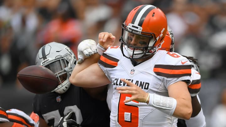 OAKLAND, CA – SEPTEMBER 30: Maurice Hurst #73 of the Oakland Raiders strips the ball away while sacking quarterback Baker Mayfield #6 of the Cleveland Browns during the third quarter of their NFL football game at Oakland-Alameda County Coliseum on September 30, 2018 in Oakland, California. (Photo by Thearon W. Henderson/Getty Images)