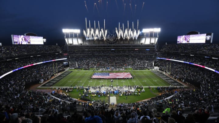 OAKLAND, CA - DECEMBER 24: A view of the national anthem prior to the NFL game between the Oakland Raiders and the Denver Broncos at Oakland-Alameda County Coliseum on December 24, 2018 in Oakland, California. (Photo by Robert Reiners/Getty Images)