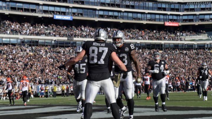 Nov 17, 2019; Oakland, CA, USA; Oakland Raiders tight end Foster Moreau (87) celebrates with tight end Darren Waller (83) after scoring on a two-yard touchdown reception in the second quarter against the Cincinnati Bengals at Oakland-Alameda County Coliseum. Mandatory Credit: Kirby Lee-USA TODAY Sports