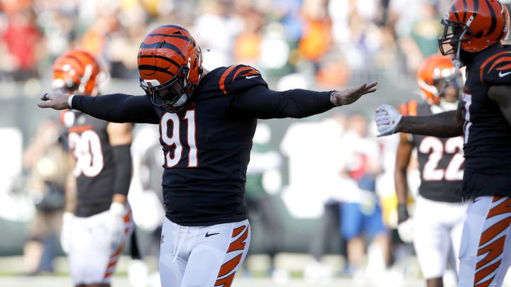 Oct 10, 2021; Cincinnati, Ohio, USA; Cincinnati Bengals defensive end Trey Hendrickson (91)reacts to the missed field goal attempt by the Green Bay Packers during the fourth quarter at Paul Brown Stadium. Mandatory Credit: Joseph Maiorana-USA TODAY Sports