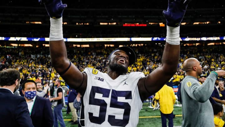 Michigan linebacker David Ojabo celebrates after the 42-3 win over Iowa in the Big Ten championship game on Saturday, Dec. 4, 2021, in Indianapolis.