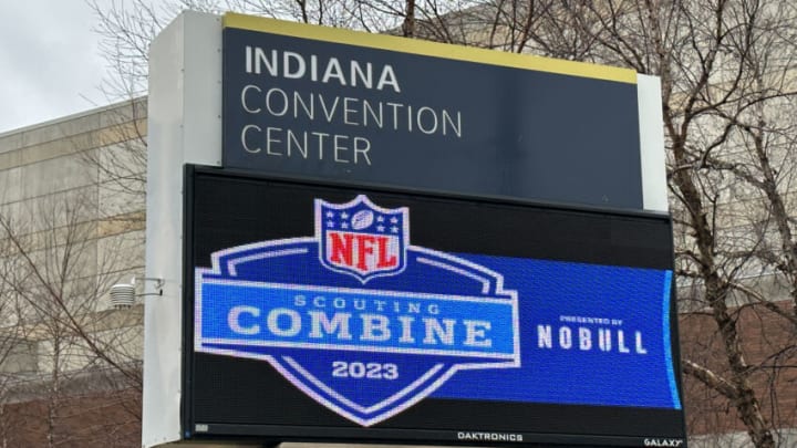 Feb 27, 2023; Indianapolis, IN, USA; The 2023 NFL Combine logo on the Indiana Convention Center marquee sign. Mandatory Credit: Kirby Lee-USA TODAY Sports