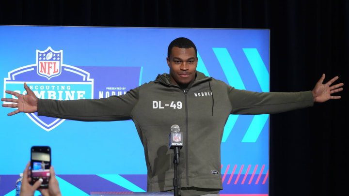Mar 1, 2023; Indianapolis, IN, USA; Texas Tech defensive lineman Tyree Wilson (DL49) poses during the NFL Scouting Combine at the Indiana Convention Center. Mandatory Credit: Kirby Lee-USA TODAY Sports