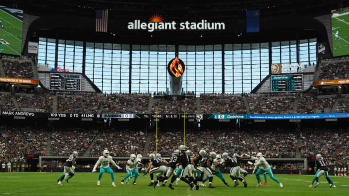 Sep 26, 2021; Paradise, Nevada, USA; A general overall view as Las Vegas Raiders quarterback Derek Carr (4) drops back to pass against the Miami Dolphins at Allegiant Stadium.The Raiders defeated the Dolphins 31-28 in overtime. Mandatory Credit: Kirby Lee-USA TODAY Sports