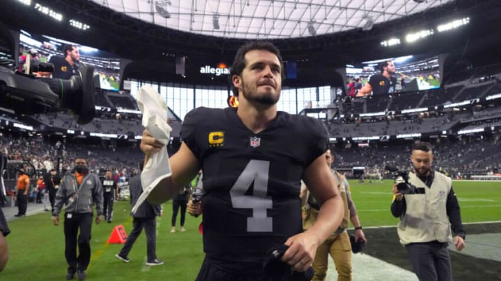 Oct 24, 2021; Paradise, Nevada, USA; Las Vegas Raiders quarterback Derek Carr (4) walks off the field after the game against the Philadelphia Eagles at Allegiant Stadium. The Raiders defeated the Eagles 33-22. Mandatory Credit: Kirby Lee-USA TODAY Sports