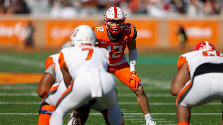 Feb 5, 2022; Mobile, AL, USA; National squad linebacker Sterling Weatherford of Miami Ohio (12) in the first half against the American squad during the Senior bowl at Hancock Whitney Stadium. Mandatory Credit: Nathan Ray Seebeck-USA TODAY Sports