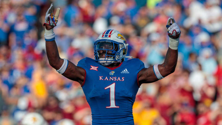 Oct 1, 2022; Lawrence, Kansas, USA; Kansas Jayhawks safety Kenny Logan Jr. (1) celebrates after a play during the third quarter against the Iowa State Cyclones at David Booth Kansas Memorial Stadium. Mandatory Credit: William Purnell-USA TODAY Sports