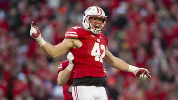 Nov 26, 2016; Madison, WI, USA; Wisconsin Badgers linebacker T.J. Watt (42) celebrates following a sack during the second quarter against the Minnesota Golden Gophers at Camp Randall Stadium. Mandatory Credit: Jeff Hanisch-USA TODAY Sports