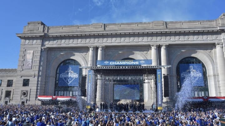 Nov 3, 2015; Kansas City, MO, USA; A general view as Kansas City Royals fans and players celebrate the World Series championship at Union Station. Mandatory Credit: Denny Medley-USA TODAY Sports