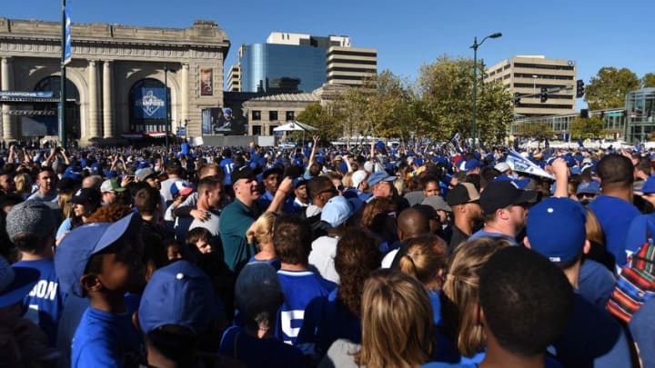 Nov 3, 2015; Kansas City, MO, USA; Kansas City Royals fans gather around Union Station after the World Series parade. Mandatory Credit: John Rieger-USA TODAY Sports