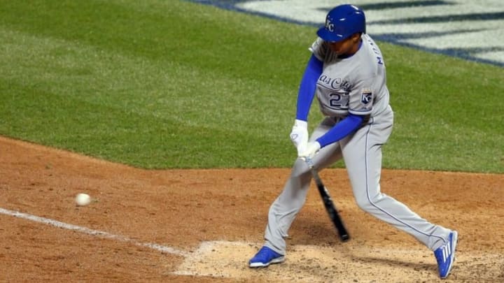 Oct 30, 2015; New York City, NY, USA; Kansas City Royals batter Raul Mondesi makes his major league debut as a pinch hitter against the New York Mets in the 5th inning in game three of the World Series at Citi Field. Mandatory Credit: Brad Penner-USA TODAY Sports