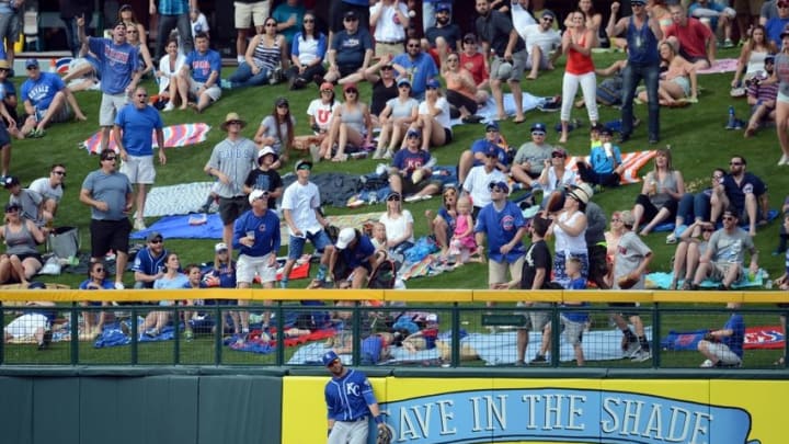 Mar 7, 2016; Mesa, AZ, USA; Kansas City Royals left fielder Alex Gordon (4) is unable to catch a home run ball hit by Chicago Cubs second baseman Addison Russell (not pictured) during the fifth inning at Sloan Park. Mandatory Credit: Joe Camporeale-USA TODAY Sports