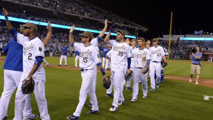 May 30, 2016; Kansas City, MO, USA; Kansas City Royals players celebrate after a game against the Tampa Bay Rays at Kauffman Stadium. Kansas City won 6-2. Mandatory Credit: John Rieger-USA TODAY Sports