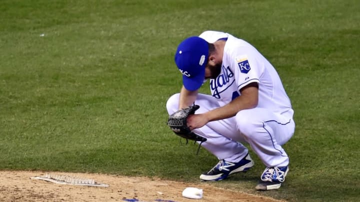 Oct 21, 2014; Kansas City, MO, USA; Kansas City Royals pitcher Danny Duffy prepares to take the mound in relief in the fourth inning during game one of the 2014 World Series against the San Francisco Giants at Kauffman Stadium. Mandatory Credit: Peter G. Aiken-USA TODAY Sports