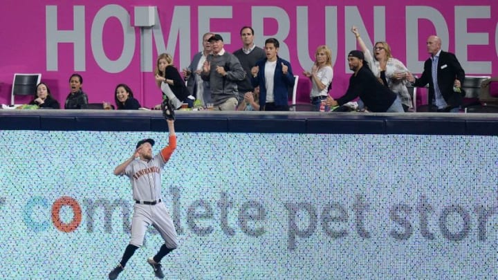 May 19, 2016; San Diego, CA, USA; San Francisco Giants right fielder Hunter Pence (8) catches a ball hit by San Diego Padres center fielder Jon Jay (not pictured) during the sixth inning at Petco Park. Mandatory Credit: Jake Roth-USA TODAY Sports