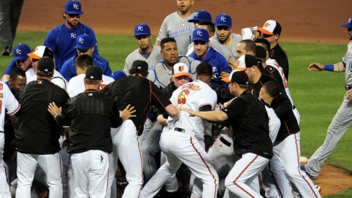 Jun 7, 2016; Baltimore, MD, USA; Players brawl during the game between the Kansas City Royals and Baltimore Orioles at Oriole Park at Camden Yards. The Orioles won 9-1. Mandatory Credit: Evan Habeeb-USA TODAY Sports