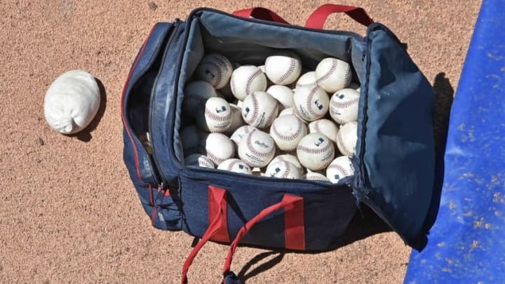 May 4, 2016; Kansas City, MO, USA; A general view of a bag of baseballs in the bullpen prior to a game between the Washington Nationals and the Kansas City Royals at Kauffman Stadium. Mandatory Credit: Peter G. Aiken-USA TODAY Sports