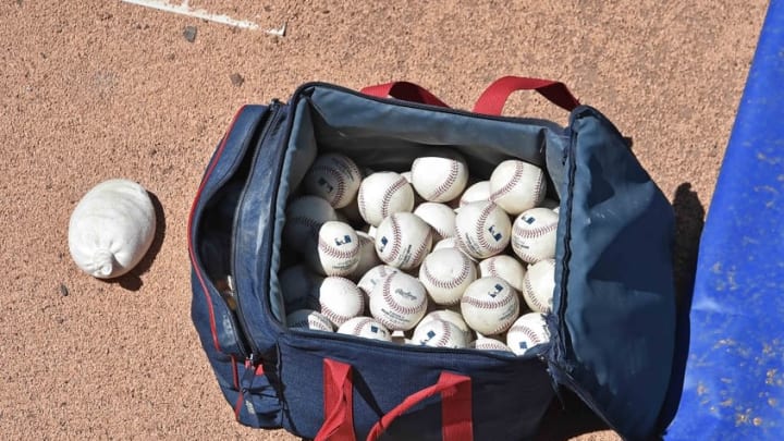 May 4, 2016; Kansas City, MO, USA; A general view of a bag of baseballs in the bullpen prior to a game between the Washington Nationals and the Kansas City Royals at Kauffman Stadium. Mandatory Credit: Peter G. Aiken-USA TODAY Sports